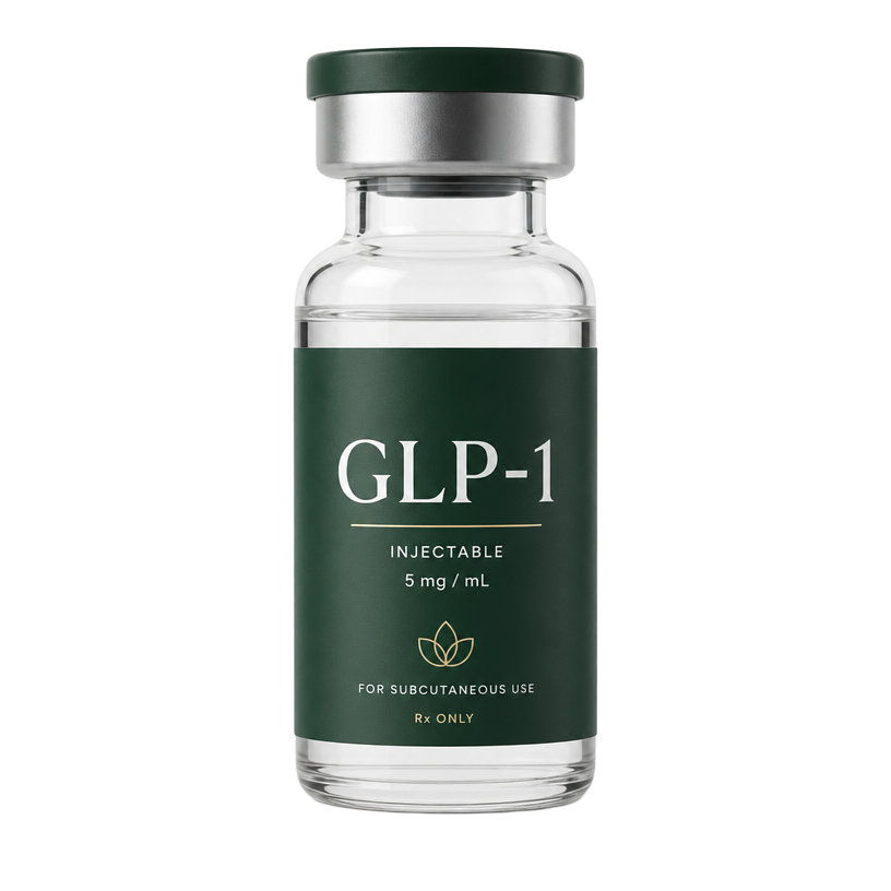 Compounded GLP-1 vial with a soft rose label